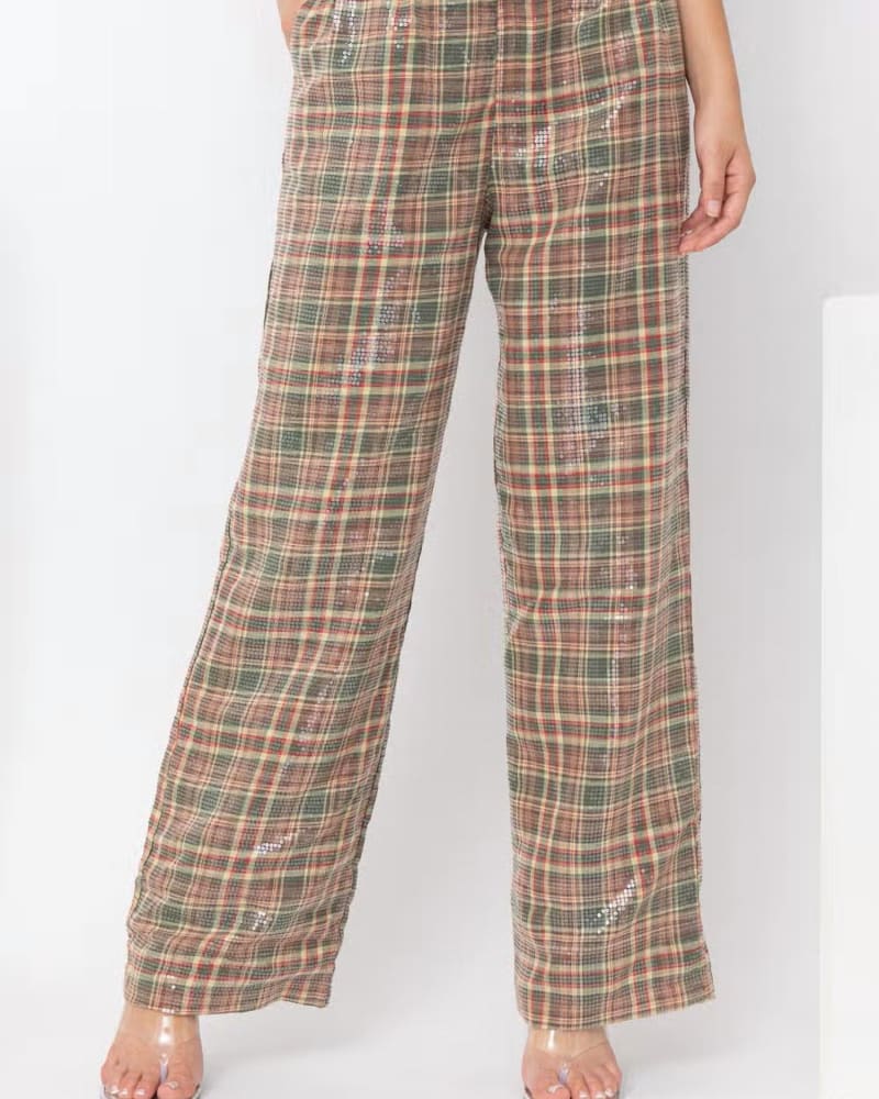 Front of a model wearing a size Large That'S A Wrap Sequin Plaid Pants In Brown Multi in Brown Multi by Pretty Garbage. | dia_product_style_image_id:355865